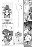  alternate_costume alternate_hairstyle aozora_market braid clenched_teeth comic doujinshi falling greyscale hair_bun hands_together highres hong_meiling landing monochrome own_hands_together ribbon scan teeth touhou translated twin_braids 