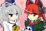  ;) animal_ears blue_eyes bow box braid cat_ears extra_ears grey_hair hair_bow hat japanese_clothes kaenbyou_rin kariginu mononobe_no_futo multiple_girls one_eye_closed ponytail red_eyes red_hair short_hair smile tate_eboshi touhou twin_braids urushi 