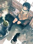  animal bag black_cat black_hair black_legwear brown_eyes cardigan cat dutch_angle footprints kettle kimura_(pixiv178485) kneehighs long_hair looking_at_viewer original scarf school_uniform shopping_bag sitting stove waiting_room 