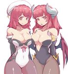 asymmetrical_docking bare_shoulders breast_press breasts cleavage corset demon_girl demon_wings detached_sleeves dual_persona groin hat hips horns la_pucelle large_breasts long_hair maou_prier multiple_girls pantyhose prier red_hair simple_background standing succubus symmetrical_docking white_background wide_hips wings zako_(arvinry) 