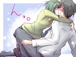  1girl black_hair blush closed_eyes green_hair hairband hug idolmaster idolmaster_(classic) kiss mole mole_under_mouth natsu_(anta_tte_hitoha) otonashi_kotori producer_(idolmaster_anime) sweatdrop 