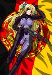  ahoge assault_rifle blonde_hair blue_eyes bodysuit bow breasts covered_nipples east_german east_german_flag german_flag germany gun hair_bow head_tilt highres large_breasts liz_hohenstein long_hair mizuki_(mizuki_ame) mpi-kms muvluv pilot_suit purple_bodysuit rifle schwarzesmarken smile solo trigger_discipline twintails two_side_up weapon 