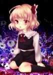  :p ascot bad_id bad_pixiv_id blonde_hair blood blood_on_face hair_ribbon highres red_eyes ribbon rumia short_hair sitting skirt smile solo tongue tongue_out touhou uranaishi_(miraura) 