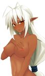  antenna_hair blush breasts dark_elf dark_skin elf highres large_breasts long_hair nipples nude open_mouth orange_eyes pointy_ears sansei_muramasa shikikakeru_tei solo soukou_akki_muramasa white_hair 