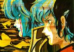  1boy 1girl 80s blood blue_eyes blue_hair bob_cut choujikuu_yousai_macross commander couple dated fire giant giantess hetero highres injury lips maclone macross marker_(medium) meltrandi mikimoto_haruhiko moruk_lap_lamiz motion_lines non-web_source oldschool production_art quamzin_kravshera scan science_fiction serious short_hair sideburns signature sketch spoilers sweat traditional_media zentradi 