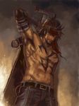  arisue_kanako arm_up armpits brown_hair chest_tattoo facial_hair final_fantasy final_fantasy_x headband jecht male_focus manly muscle sash scar shirtless smirk solo tattoo weapon 