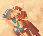  1girl bandana bare_shoulders bike_shorts black_hair blue_eyes blush brown_hair candy couple fang fingerless_gloves food gloves hetero holding lollipop odamaki_sapphire pokemon pokemon_special red_eyes ruby_(pokemon) shirou_(vista) 