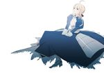  ahoge armor artoria_pendragon_(all) bad_id bad_pixiv_id blonde_hair bthx dress fate/stay_night fate_(series) faulds gauntlets green_eyes hair_ribbon highres juliet_sleeves kneeling long_sleeves puffy_sleeves ribbon saber solo 