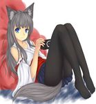  animal_ears bad_id bad_pixiv_id black_hair blue_eyes detached_sleeves feet fox_ears fox_tail handheld_game_console japanese_clothes long_hair miko original panties panties_under_pantyhose pantyhose playstation_portable solo tail tenyoshi_(briansept) underwear 