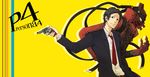  adachi_tooru bad_id bad_pixiv_id belt black_hair formal gun handgun highres magatsu_izanagi male_focus necktie persona persona_4 revolver shirt simple_background spoilers suit weapon yuu_(kyuutai_kansetsu) 