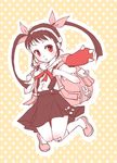  :o backpack bad_id bad_pixiv_id bag bakemonogatari bandaid bandaid_on_knee bear_paw black_hair full_body hachikuji_mayoi jumping long_hair monogatari_(series) orange_background outline paws polka_dot polka_dot_background red_eyes sayo_(pixiv2776630) solo twintails 