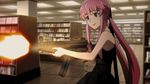  9mm_submachine_gun aisles animated_gif black_dress bookcases entranced firing gasai_yuno hair_ribbons interior katana lighting long_hair looking_at_victims mirai_nikki mp5 pink_hair red_eyes shells smiling tile_floor twin_tails weapon yandere 