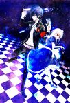  1girl alice_(megami_tensei) armband bad_id bad_pixiv_id bishounen blonde_hair blue_eyes blue_hair bow card checkered checkered_floor digital_media_player evoker gun gun_to_head hair_over_one_eye headphones holding holding_gun holding_weapon long_hair persona persona_3 red_eyes ribbon weapon yuuki_makoto 