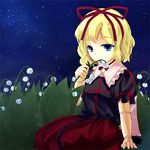  1girl blonde blouse blue_eyes doll flower in_thought lily_of_the_valley looking_down medicine_melancholy night_sky ribbon short_hair skirt stars touhou 