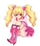  :&gt; blonde bow choker crossed_arms cure_peach dress earrings exhibitionism fresh_precure! fresh_pretty_cure! futari_wa_pretty_cure hair_ornament hairpin heart jewelry kojikoji long_hair magical_girl momozono_love pantsu panty_lift pink_eyes pink_panties precure presenting pretty_cure sitting skirt smile solo twin_tails vagina 