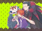  ^_^ bendan-daizi birthday birthday_card blush cake card caster_(fate/zero) closed_eyes command_spell fate/zero fate_(series) food green_background hands_on_shoulders happy heart highres jacket jewelry lace_border male_focus monster multiple_boys purple_jacket ring robe tentacles uryuu_ryuunosuke 