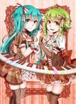  aqua_eyes aqua_hair bow elbow_gloves gloves green_eyes green_hair gumi hair_bow hair_ribbon hatsune_miku highres instrument keyboard_(instrument) long_hair looking_at_viewer multiple_girls nou ribbon short_hair smile symmetrical_hand_pose thighhighs twintails vocaloid zettai_ryouiki 