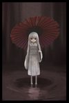  barefoot blonde dress eerie feet ghostly long_white_hair looking_at_viewer obi parasol red_eyes reflection white_kimono 