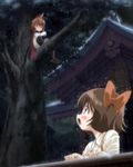  dororon_enma-kun enma-kun exterior fudou_harumi hair_bow looking_down looking_up rain red_eyes screen_capture shrine tree 