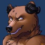  2019 angry anthro bearphones blue_background brown_bear brown_fur conditional_dnp front_view fur grizzly_bear headphones male mammal nude orange_eyes ratte signature simple_background solo ursid ursine 