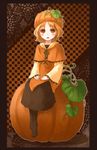 autumn blonde blush fall hands_on_lap hat looking_at_viewer orange_eyes orange_motif pumpkin pumpkin_hat short_hair stockings 
