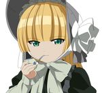  absurdus blonde bonnette gosick gothic_lolita green_eyes headdress large_bow looking_at_viewer pipe smile vector victorique_de_broix 