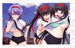  3girls black_hair blue_eyes blue_hair blush bra gym_uniform headband kawagishi_keitarou kawakami_momoyo long_hair maji_de_watashi_ni_koi_shinasai! mayuzumi_yukie multiple_girls official_art open_mouth oppai ponytail red_eyes shiina_miyako shirt_life shitapai short_hair short_shorts very_long_hair 