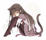  akemi_homura blush brown_hair cat_girl cat_tail diamond_motif hair_band kemonomimi knees_to_chest long_hair mahou_shoujo_madoka_magica neko nekomimi pantyhose purple_eyes purple_hose side_profile skirt 