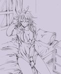  1girl ahoge bed bedroom blush bottomless breasts cleavage covering_crotch fz001 hand_on_head hood jacket large_breasts long_hair monochrome morning nopan oppai original sitting sketch sunrise sweater waking_up wink 