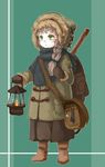  back_pack boots braided_hair fur_lined_hood fur_lined_winter_coat green_eyes lantern layered_clothing miniature_bell mittens scarf tagme travel_bag walking_stick? winter_clothing 