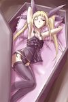  arms_behind_head blazblue blonde bows chemise cleavage coffin coffin_lid garter-belt hair_ribbons lace_lingerie loli looking_at_side one_eye_open open pillow rachel_alucard stockings twin_tails zettai_ryouiki 