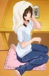  amagami bare_feet brown_eyes brown_hair floor_pillow kneeling looking_at_viewer mirror reflection sakurai_rihoko screen_capture sweat_pants t_shirt table tachibana_junichi towel 