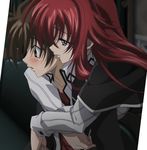  1boy 1girl blush brown_hair chair highschool_dxd hug hyoudou_issei interior profiles red_hair rias_gremory school_uniforms screen_capture 