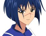  blue_hair blush busou_renkin golden_eyes looking_at_viewer scar smile tsumura_tokiko vector 