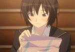  amagami_ss_plus blush brown_eyes brown_hair gift_bag happy lap_blanket_gift looking_inside nanasaki_ai screen_capture short_hair smile stairs 