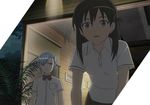  2_females aqua_hair bowtie brown_hair fern fin_ay_ludo_sui_lavinty floral_hair_decoration hair_clip interior kyouno_madoka looking_at_object rinne_no_lagrange screen_capture short_sleeve_shirt 