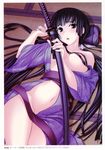  bare_legs black_hair blue_eyes blush katana kawagishi_keitarou legs long_hair lying_down maji_de_watashi_ni_koi_shinasai! mayuzumi_yukie navel no_bra official_art open_clothes open_mouth open_shirt oppai solo wafuku weapon 