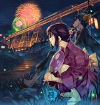  1girl aerial_fireworks bag bagged_fish black_hair blue_eyes blush brown_hair fan fireworks fish flip-flops ground_vehicle japanese_clothes kimono night original paper_fan profile revision sandals scenery sitting squatting train uchiwa vania600 yukata 