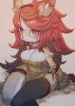  2019 anthro big_breasts breasts cleavage clothed clothing ear_tuft female hair headband kemono legwear long_hair looking_at_viewer mammal red_eyes red_hair ricosye simple_background sitting solo stockings thick_thighs tuft unusual_pupils 