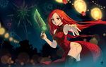  dress fireworks gun katarina_(league_of_legends) league_of_legends long_hair night red_dress red_eyes red_hair smile soemy 