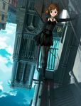  1girl anti-gravity black_eyes black_panties boots brown_hair cathedral garter_belt gloves hairclip lingerie pettanko short_hair sky solo standing stockings transparent_clothing yoshida_seiji 