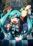  aqua_eyes aqua_hair blush circuit_board detached_sleeves fingernails foreshortening hatsune_miku headphones holographic_interface holographic_monitor internet long_hair looking_at_viewer microphone nail_polish one_eye_closed open_mouth ryuu_(multitask) skirt smile solo speaker twintails very_long_hair vocaloid 