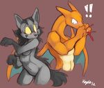  bloodshot bloody_nose blue_eyes breasts canine charizard dragon duo ears female hyena invalid_tag kayla-na male mammal mightyena nintendo nosebleed pok&#233;mon pok&eacute;mon red_eyes tilerin video_games wide_hips wings 