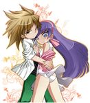  1girl bleedman blue_eyes brown_eyes brown_hair dress hug long_hair male panchira pink_dress purple_hair ribbon 