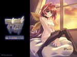  ahoge black_legwear bou kagami_sumika long_hair muvluv muvluv_alternative nipples nude official_art oppai red_eyes red_hair ribbon thighhighs title_drop very_long_hair wallpaper window 