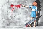  barefoot blood blue_eyes brown_hair copyright_name dated graphite_(medium) hatchet higurashi_no_naku_koro_ni nick-ian nose_hatchet outstretched_arm ryuuguu_rena school_uniform serafuku shadow short_hair short_sleeves skirt soles solo standing traditional_media wall weapon 