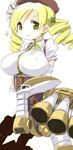  blonde blouse breasts corset curly_hair detached_sleeves drill_hair erect_nipples gundam hat hirowa_nagi juagg large_breasts mahou_shoujo_madoka_magica mecha oppai shirt smile tomoe_mami weapon yellow_eyes 