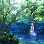  blue_eyes blue_hair braid highres ikeda_jun_(mizutamari) original single_braid solo tree wading water 