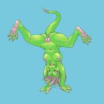  blue_background breasts eyes_closed female green_skin lizard nipples nude pira plain_background pussy reptile scalie solo spread_legs spreading upside_down 