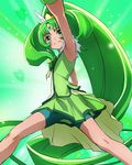  armpits big_hair bike_shorts cameltoe cure_march eyelashes green green_background green_eyes green_hair green_shorts green_skirt haruyama_kazunori long_hair magical_girl midorikawa_nao ponytail precure shorts shorts_under_skirt skirt smile_precure! solo tiara very_long_hair 